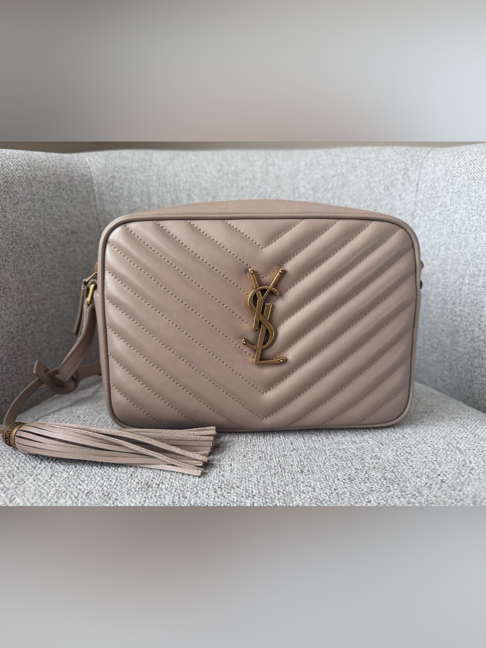 Saint Laurent Beige Quilted Leather Crossbody Camera Bag with Tassel